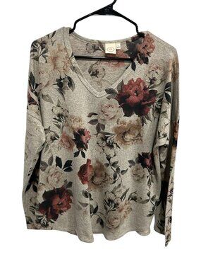 Live In The Moment Floral V-Neck Long Sleeve Top Size Large Beige Pink Red Boho